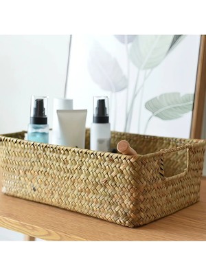 Kulplu Dikdörtgen Hasır Rattan Bambu Organizer & Çok Amaçlı Mutfak, Banyo ve Makyaj Düzenleyici