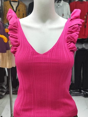 Aslami Tekstil Pembe V Yaka Büzgülü Fırfırlı Kol Fitilli Kadın Bluz - Esnek Tek Beden S-M-L