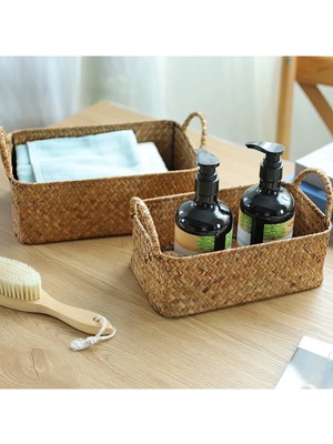 Kulplu Dikdörtgen Hasır Deniz Yosunu Organizer & Çok Amaçlı Banyo, Mutfak ve Makyaj Düzenleyici