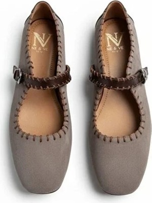 Ne&Ve Shoes Vizon Süet Kahve Deri Garnili Biye Detaylı Kadın Kare Burun Babet