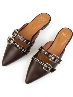 Ne&Ve Shoes Deri Rugan Atkı Detaylı Iki Tokalı Kadın Sivri Burun Sabo Terlik