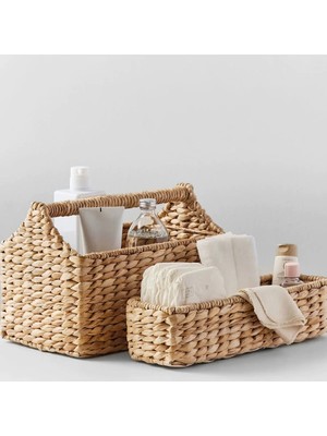 Hasır Bambu Su Sümbülü 2’li Organizer Seti: Kulplu & Dikdörtgen Düzenleyici Mutfak Banyo ve Makyaj