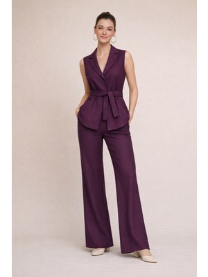 Kemerli Yelek Palazzo Örme Keten Takım