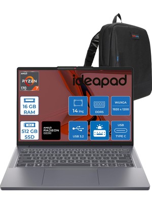 Lenovo Ideapad Slim 3 14ARP10 Amd Ryzen 7 170 16GB Ddr5 512GB SSD Radeon™ 680M Graphics 14" Wuxga (1920X1200) IPS 300NITS Freedos Taşınabilir Bilgisayar 83K6006JTRF02+ZETTAÇANTA