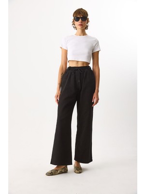 Vena Kadın Beli Lastikli Geniş Paça Pantolon %100 Pamuk - Siyah