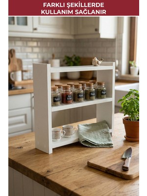 Pikas Ahşap Üç Raflı Çok Amaçlı Baharatlık, Tezgahüstü Düzenleyici