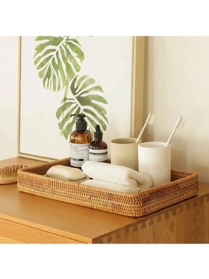 Dikdörtgen Rattan Tepsi Banyı Organizer & Çok Amaçlı Banyo, Makyaj ve Mutfak Düzenleyici