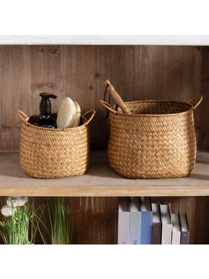 Yuvarlak Kulplu Hasır Deniz Sazı Sepet 2’li Set & Dekoratif Çok Amaçlı Banyo Organizer Düzenleyici