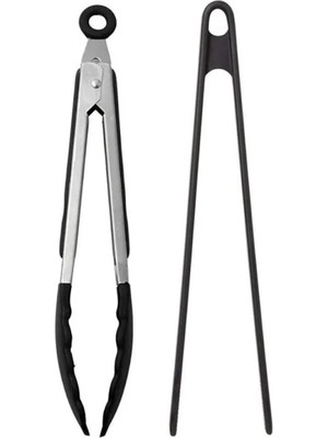 Kittiwake Home Life 2'li Maşa Seti Büyük Boy Komple Silikon Maşa ve Silikon Uçlu Siyah Metal Kızartma Maşası Takımı