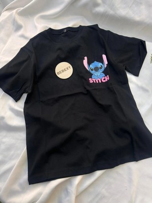 bebexy Stitch Baskılı Siyah Tişört
