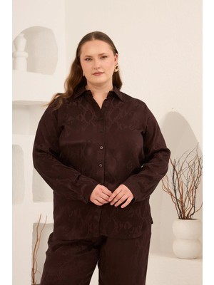 Rmg Yılan Derisi Desenli Büyük Beden Kadın Gömlek Kahve