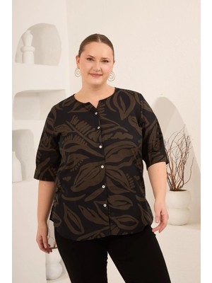 Rmg Hakim Yaka Yaprak Desenli Kadın Büyük Beden Gömlek Haki