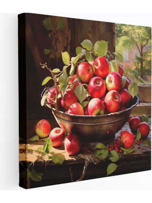 Popcas Rustik Elma Kasesi Kanvas Tablo - Natürmort Duvar Dekoru Duvar Sanatı