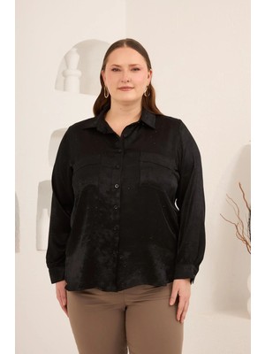 Rmg Taş Baskılı Kadın Büyük Beden Efektli Saten Gömlek Siyah