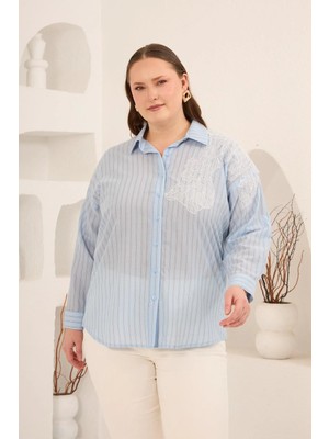 Rmg Aplikeli Çizgili Kadın Büyük Beden Uzun Kol Gömlek Mavi