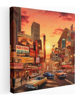 Popcas Retro Reklamlar Şehir Manzarası Kanvas Tablo