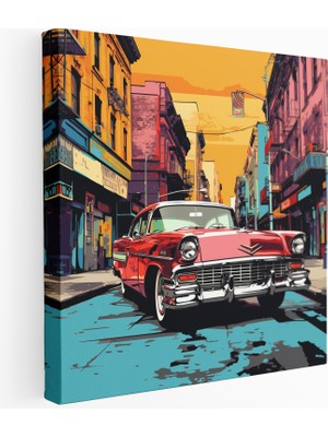 Popcas Retro Araba Şehir Manzarası Kanvas Tablo