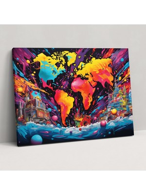 Popcas Pop Art Dünya Haritası Kanvas Tablo - Dünya Haritası Kanvas Duvar Sanatı Duvar Dekorasyonu Duvar Sanatı