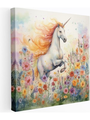 Popcas Masalsı Su Rengi Duvar Sanatı - Unicorn Kanvas Tablo - Duvar Süsü