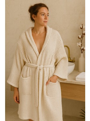 Tekstil Stokları Kapüşonlu Cepli Unisex Kadın Erkek %100 Pamuk Kalın Pike Bornoz