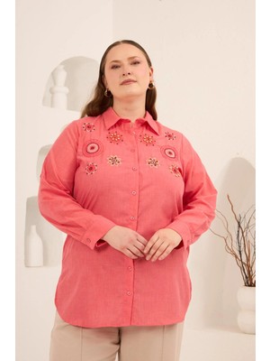Rmg Nakış ve Işleme Detaylı Büyük Beden Gömlek Mercan
