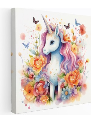 Popcas Sevimli Unicorn Kanvas Tablo - Su Rengi Illüstrasyon Duvar Sanatı