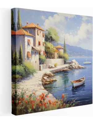 Popcas Deniz Kenarı Köyü Yağlı Boya Kanvas Tablo - Köy Duvar Dekorasyonu Duvar Sanatı