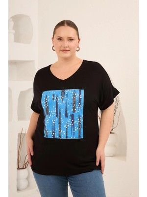 Rmg Baskılı Taş Detaylı Büyük Beden Tişört Siyah