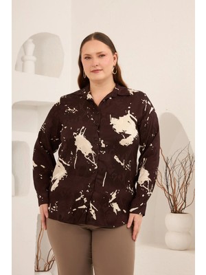 Rmg Soyut Desenli Kadın Büyük Beden Uzun Kol Gömlek Kahve