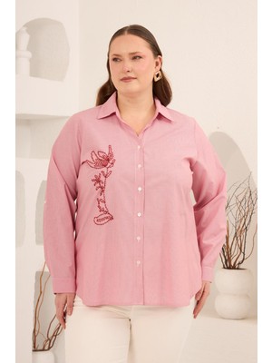 Rmg Nakış Detaylı Büyük Beden Gömlek Kırmızı