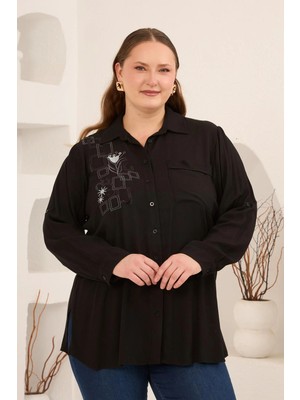 Rmg Nakış Detaylı Yanları Yırtmaçlı Büyük Beden Gömlek Siyah
