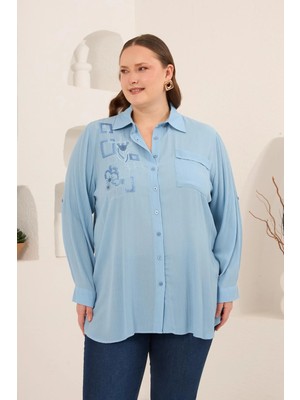 Rmg Nakış Detaylı Yanları Yırtmaçlı Büyük Beden Gömlek Bebe Mavi