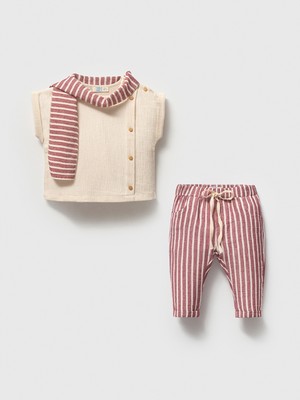 Müslin Kumaş Çizgili Bebek Alt Üst Takım - Fularlı Kolsuz Gömlek ve Pantolon Set