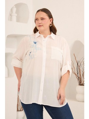 Rmg Nakış Detaylı Yanları Yırtmaçlı Büyük Beden Gömlek Ekru
