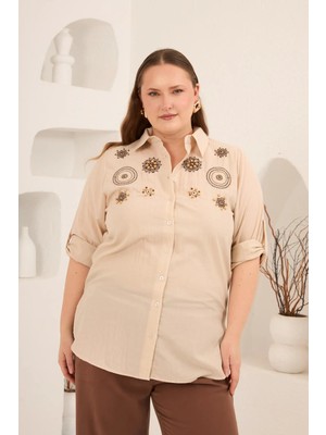 Rmg Nakış ve Işleme Detaylı Büyük Beden Gömlek Taş