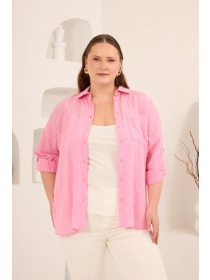 Rmg Çizgili Büyük Beden Gömlek Pembe