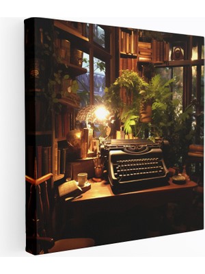 Popcas Vintage Daktilo Kütüphane Kanvas Tablo - Retro Duvar Dekorasyonu Sıcak Kütüphane Nostaljik