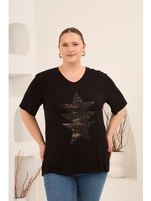 Rmg Yıldız Aplikeli Kadın Büyük Beden Tişört Siyah