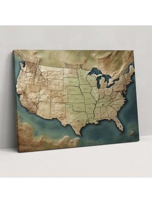Popcas Yüksek Kaliteli Amerika Birleşik Devletleri Haritası Kanvas Tablosu - Amerika Birleşik Devletleri Haritası Coğrafi Özellikler Duvar Dekorasyonu Duvar Sanatı