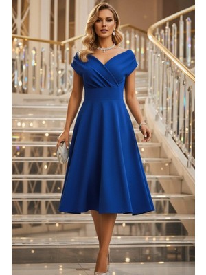 Mossta Düşük Omuz Eteği Volanlı Krep Elbise - Mavi