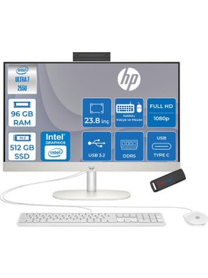 Hp 24 Intel Core Ultra 7 255U 96GB Ddr5 512GB SSD Intel Graphics Windows 11 Home 23.8" IPS  Fhd All In One Bilgisayar D2VC1EAH37 + Zetta USB