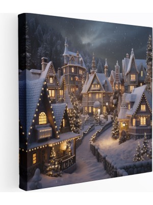 Popcas Karlı Köy Duvar Dekorasyonu - Kış Kanvas Duvar Sanatı