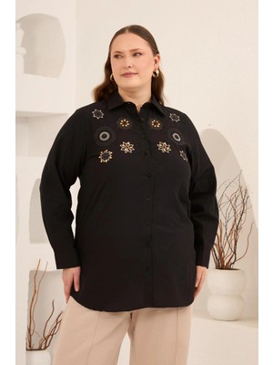 Rmg Nakış ve Işleme Detaylı Büyük Beden Gömlek Siyah