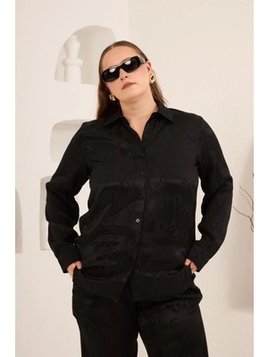 Rmg Yılan Derisi Desenli Büyük Beden Kadın Gömlek Siyah