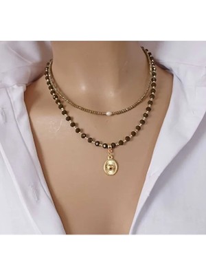 Sinem Şanlı Atelier Minimal Haki Ikili Kolye Kristal Boncuk & Tatlı Su Incisi