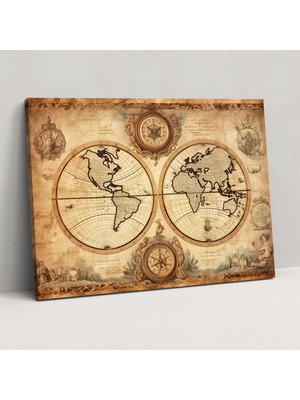 Popcas Eski Dünya Haritası Kanvas Tablo - Dünya Haritası Eski Ev Dekorasyonu Yaşlı Pergament
