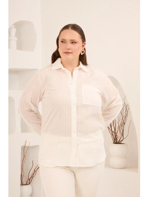 Rmg Çizgili Büyük Beden Gömlek Ekru