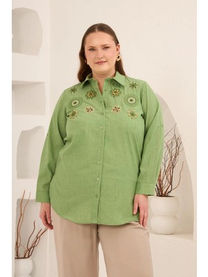 Rmg Nakış ve Işleme Detaylı Büyük Beden Gömlek Yeşil