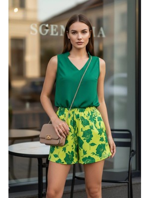 Mossta V Yaka Bluz Şort Ikili Takım - Yeşil