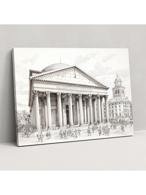 Popcas Pantheon Kanvas Tablo - Gerçekçi Kurşun Kalem Çizimi - Roma Duvar Sanatı